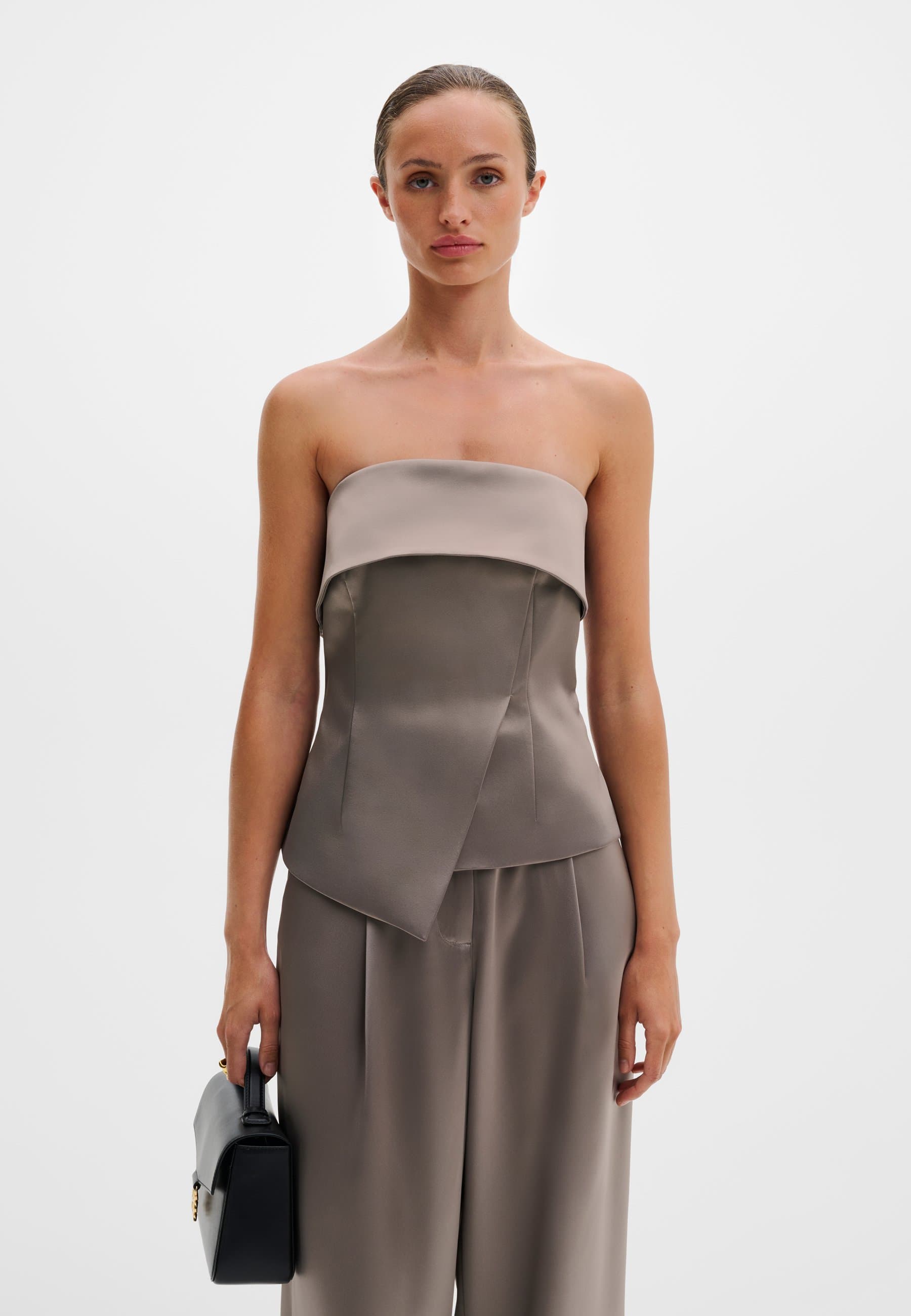 LOU ASYMMETRIC BANDEAU SATIN TOP